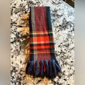 NWT Neiman Marcus Plaid Scarf with real rabbit fur fringe